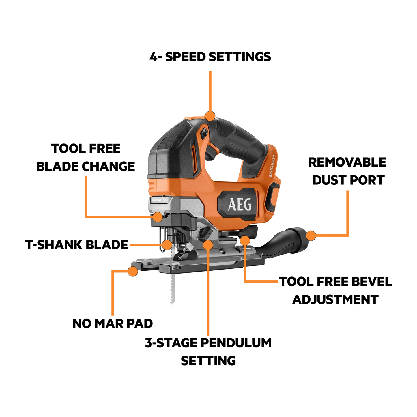 AEG 18V Brushless D-Handle Jigsaw, High Speed, Tool-Free Blade Change, LED Light