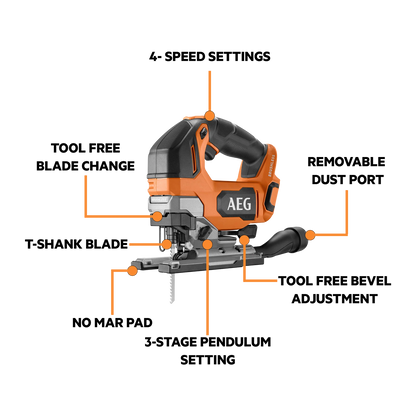 AEG 18V Brushless D-Handle Jigsaw, High Speed, Tool-Free Blade Change, LED Light