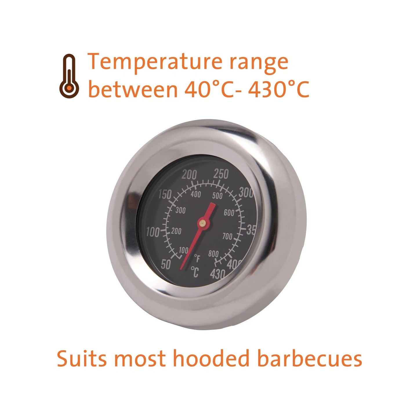 Jumbuck Replacement Hood Thermometer, Stainless Steel, 40°C-430°C, Easy Install, Dual Scale
