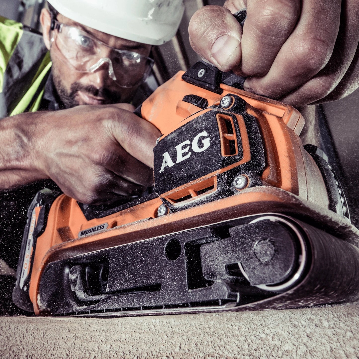 AEG 18V Brushless 75mm Belt Sander, Quick-Release, Variable Speed, Lock-On Switch