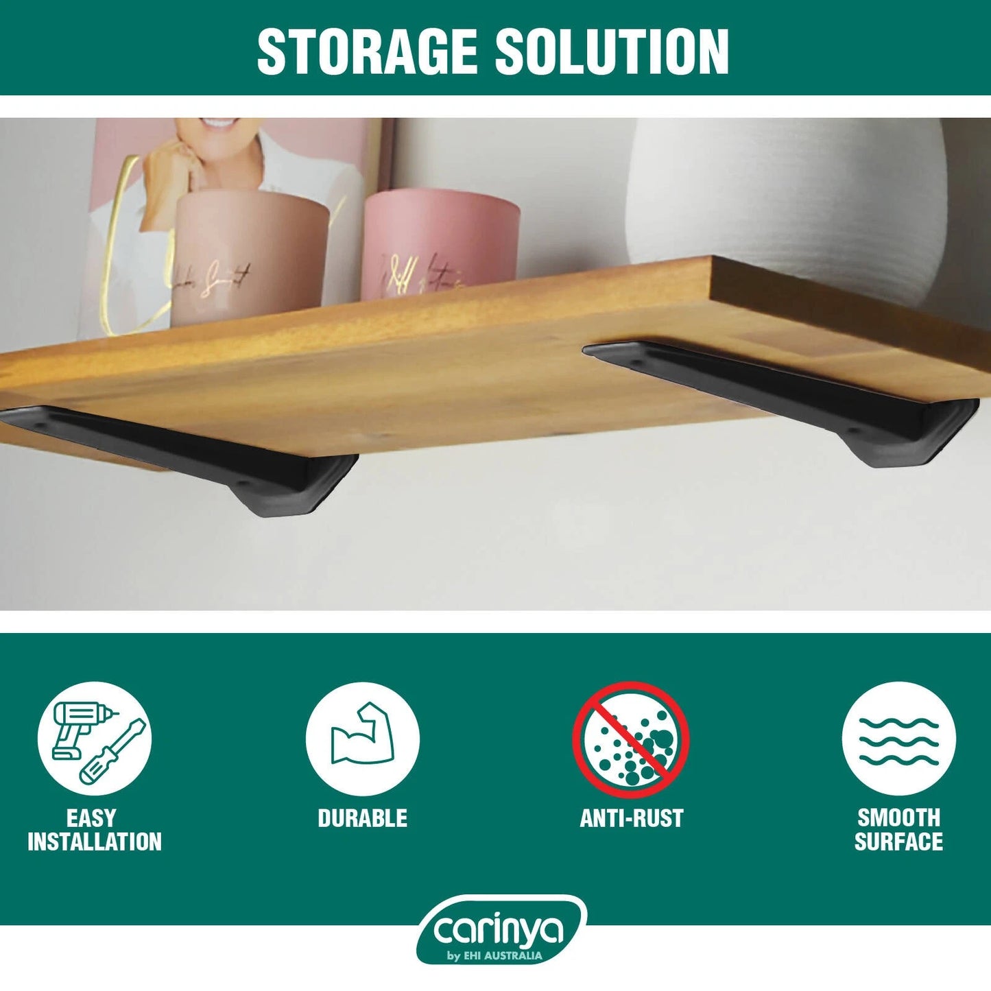Carinya Black Floating Shelf Bracket 185x44mm, 50kg Capacity, Powder Coated Steel