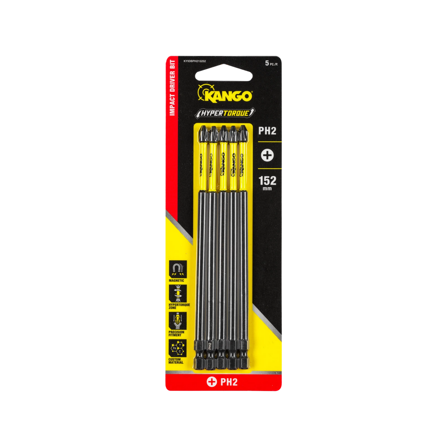 Kango 152mm Hypertorque PH2 Impact Driver Bit 5 Pack - Magnetised Tips, Torsion Zone