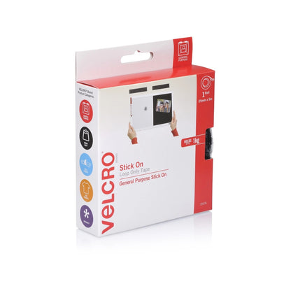 VELCRO® 25mm x 5m Black Stick On Loop Tape - Strong Adhesive, Durable Nylon