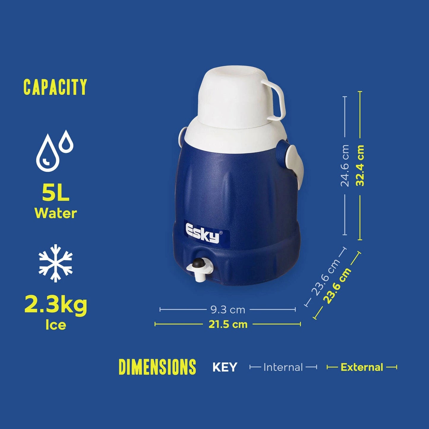 Esky 5L Cooler with Cup, Quick-Operation Tap, Superior Cold Retention, Easy-Pour Spout