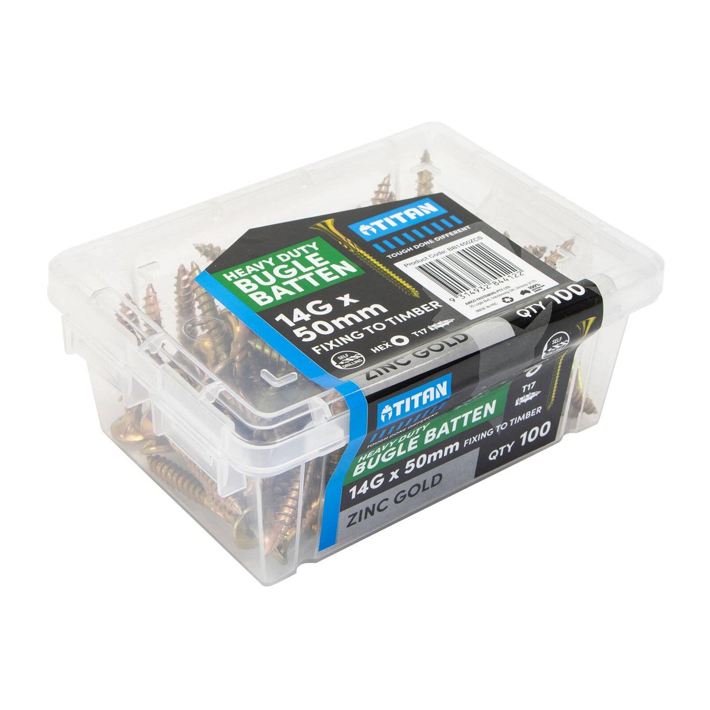 Titan 14G x 50mm Zinc Gold Bugle Batten Screws - 100 Pack, Corrosion Resistant