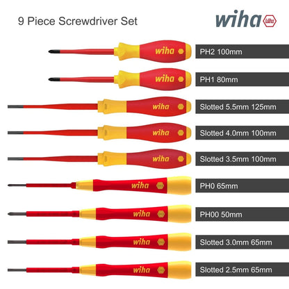 Wiha 9 Piece VDE Insulated Screwdriver Set, Ergonomic, Chrome-Vanadium, Exclusive to Bunnings