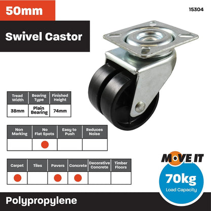 Move It 50mm 70kg Black Twin Wheel Swivel Plate Castor for Indoor/Outdoor Use