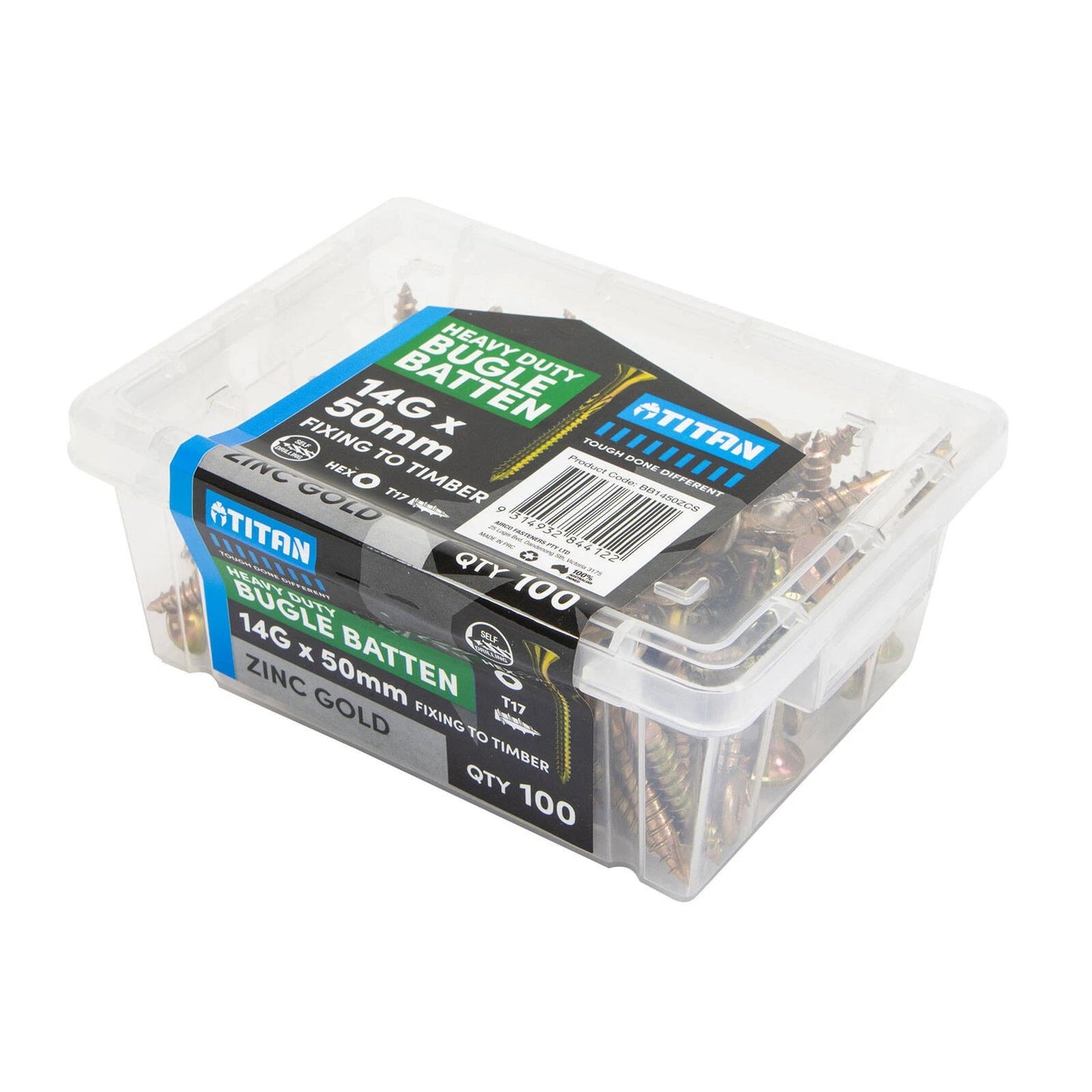 Titan 14G x 50mm Zinc Gold Bugle Batten Screws - 100 Pack, Corrosion Resistant