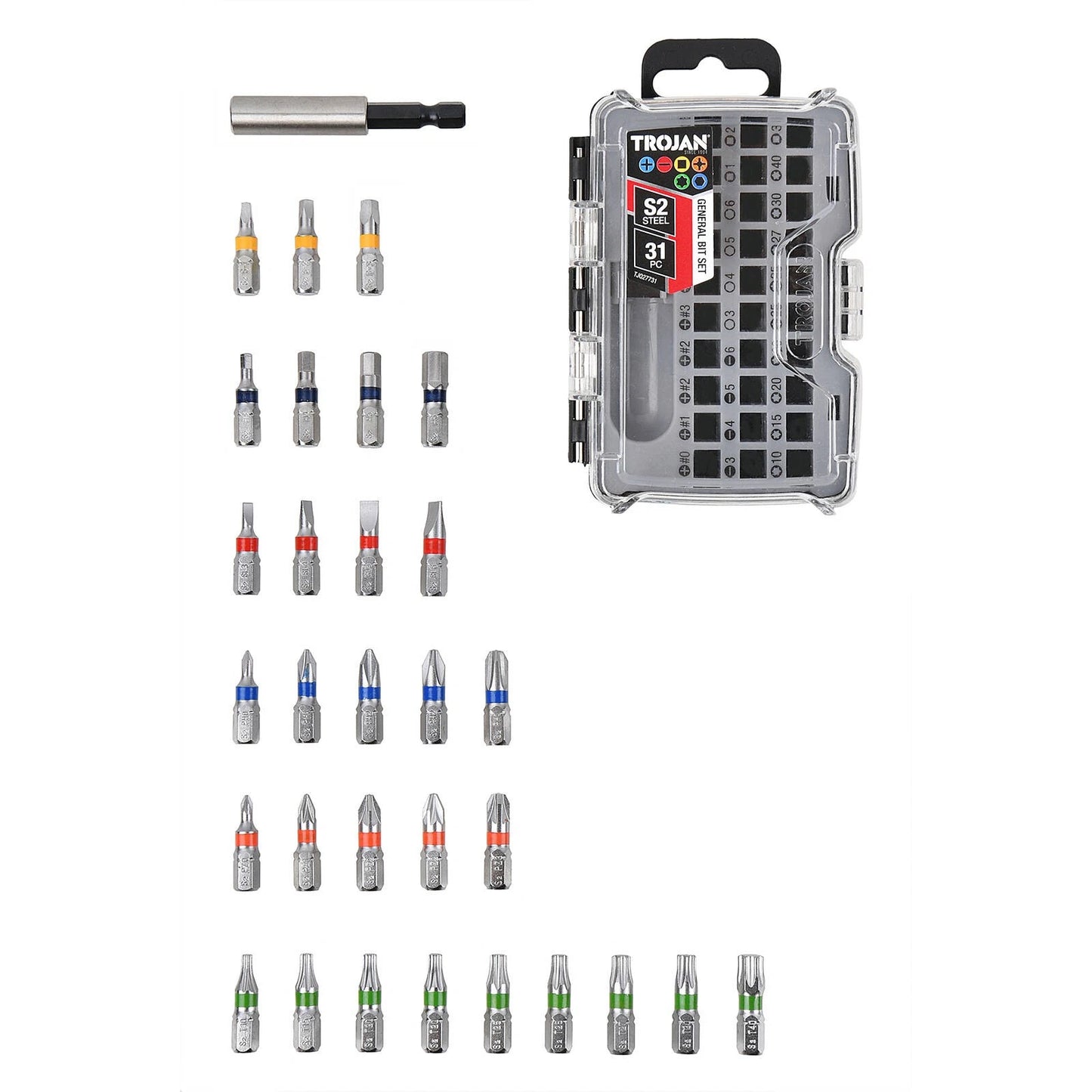 Trojan 31 Piece Bit Set - Phillips, Slotted, Pozi, Torx, Hex Bits + Extension Bar