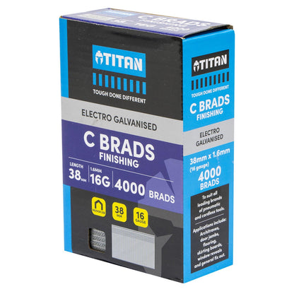 Titan 38x1.6mm Electro Galvanised Straight C Brads Nails - Pack of 4000