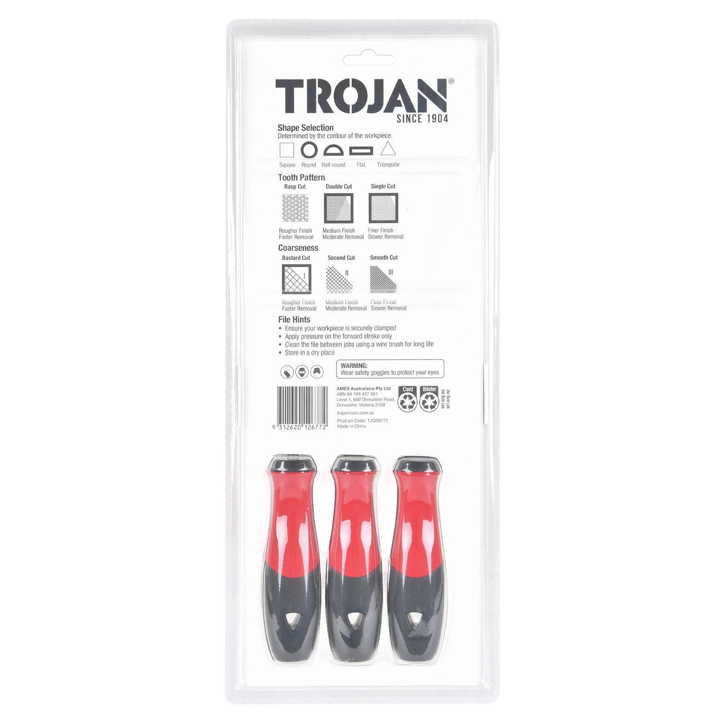 Trojan 3 Piece File Set - Hardened Steel, Ergonomic Grip, Metal & Timber Use