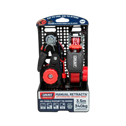 Grunt Retractable Tie Down Ratchet 25mm x 3.5m 2 Pcs - UV Safe, Coated 'S' Hook