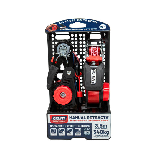 Grunt Retractable Tie Down Ratchet 25mm x 3.5m 2 Pcs - UV Safe, Coated 'S' Hook