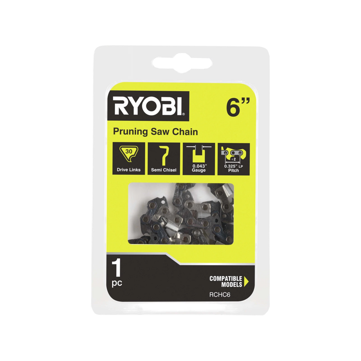 Ryobi 6” Pruning Saw Chain, Semi-Chisel, 0.325” Pitch, 0.043” Gauge, 30 Drive Links