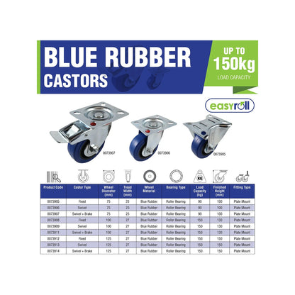 Easyroll 125mm Blue Rubber Heavy Duty Swivel Castor 150kg Load Capacity