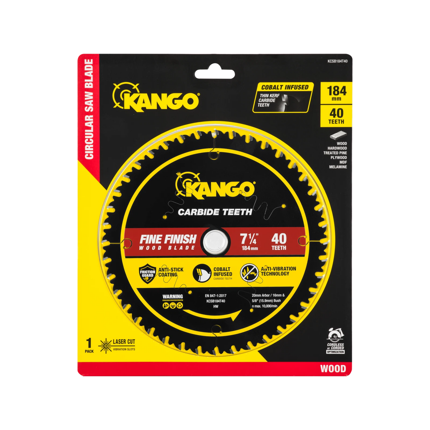 Kango 184mm 40T Wood Circular Saw Blade, Cobalt-Infused, Anti-Stick, Anti-Kickback