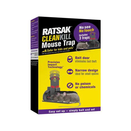 RATSAK Clean Kill Mouse Trap 3 Pack - Safe, Humane, No-Touch Disposal, Indoor/Outdoor Use