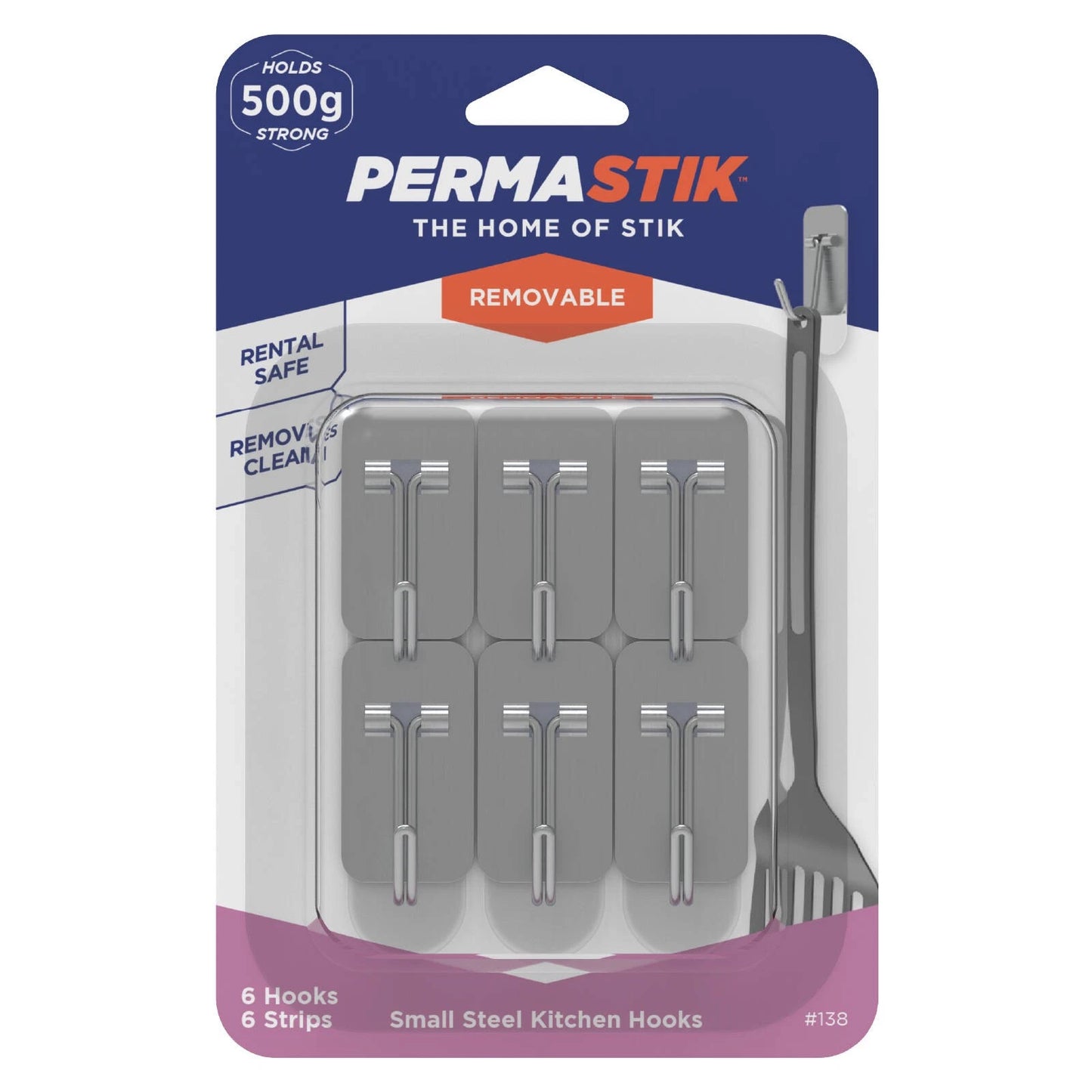 Permastik Small Steel Kitchen Hooks 6 Pack - No-Drill, 500g Load, Stainless Steel