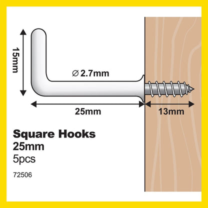 Everhang 25mm White PVC Coated Square Hooks - 5 Pack, Secure Wall Mount, 13kg Capacity