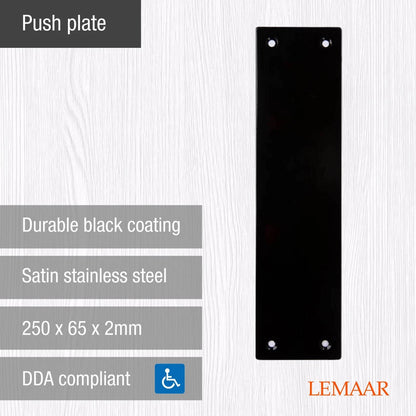 Lemaar Black Stainless Steel Push Plate 250x65x2mm, DDA Compliant, Easy Install