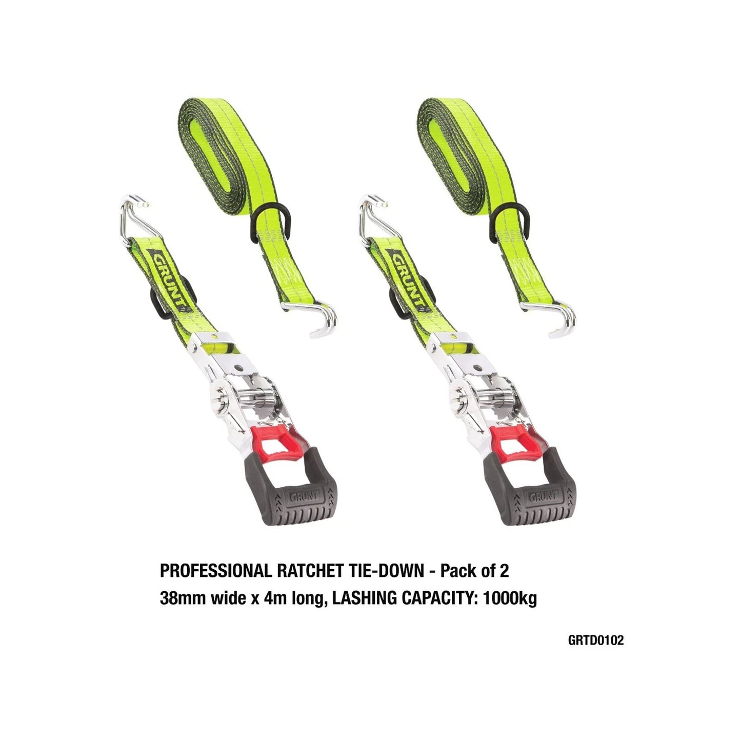 Grunt Pro 38mm x 4m Reflecta Ratchet Tie Down 2 Pack - Durable & Safe Load Securing