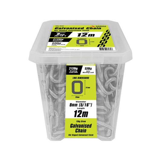 Pinnacle 8mm Galvanised Chain 12m - Rust Resistant, 530kg Load Limit, Outdoor Security