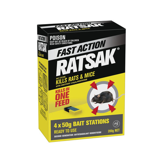 RATSAK Fast Action Rodent Bait Station 200g - 4 x 50g Packs, Indoor Use, Child & Pet Safe