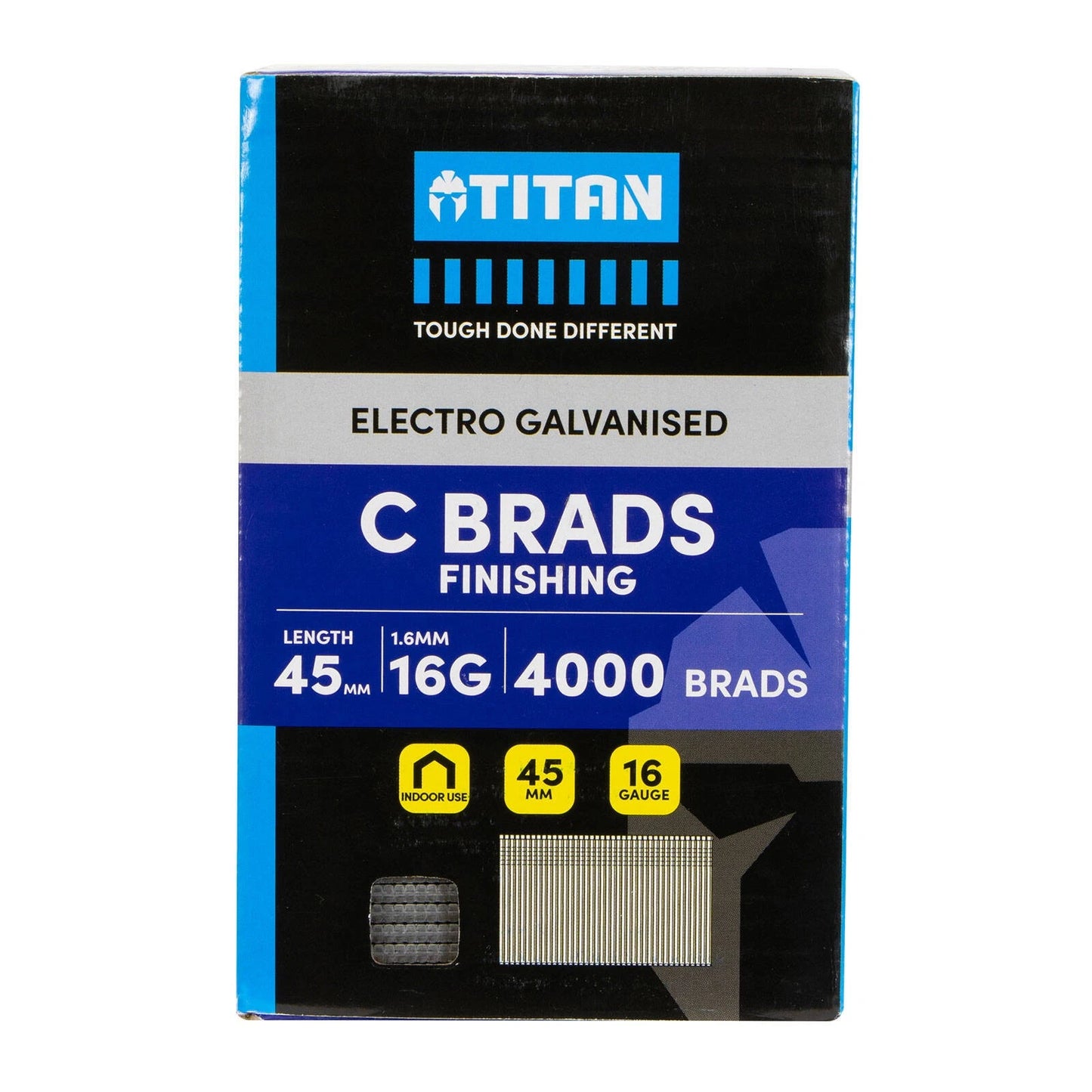 Titan 45x1.6mm Electro Galvanised Straight Collated Nail C Brads, 4000 Pack, Corrosion Resistant