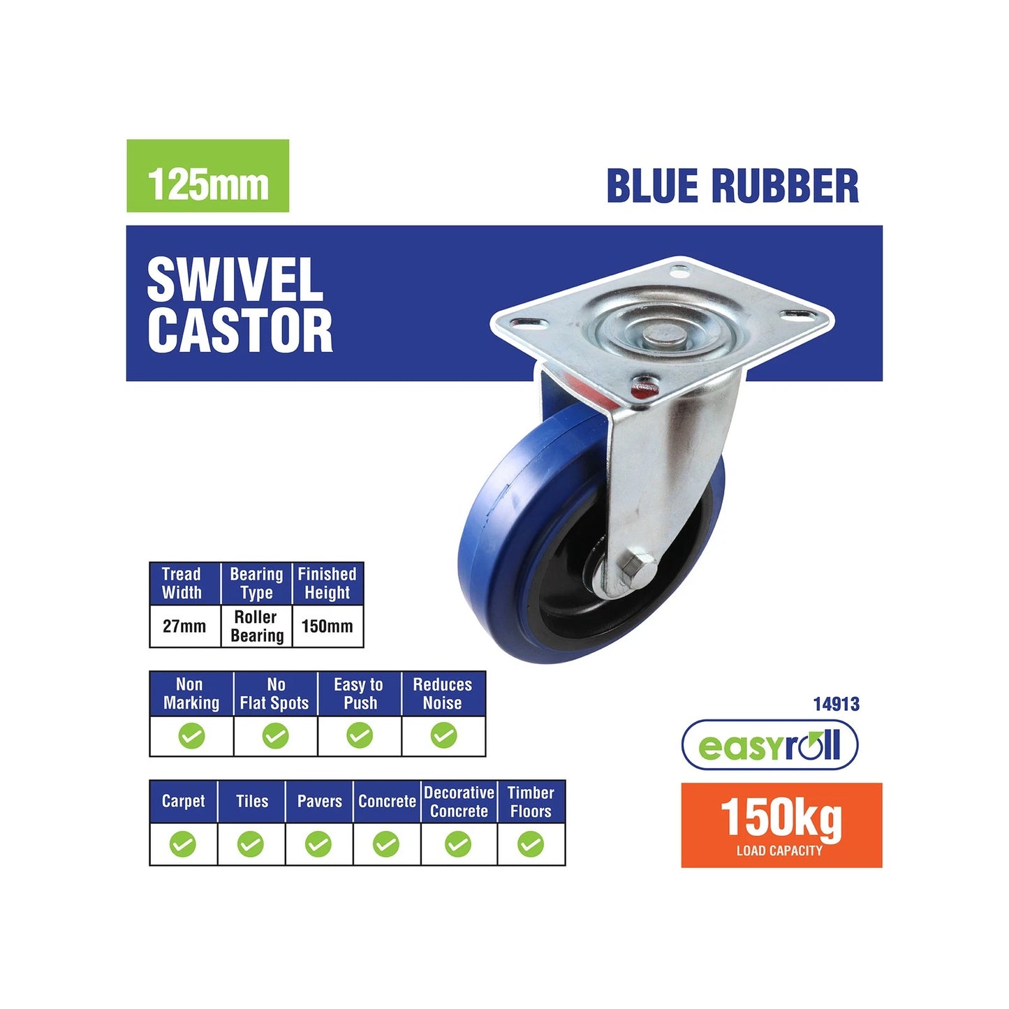 Easyroll 125mm Blue Rubber Heavy Duty Swivel Castor 150kg Load Capacity