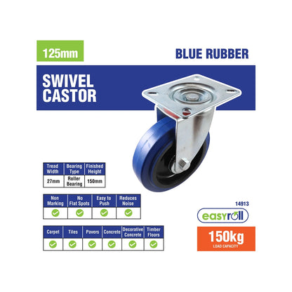 Easyroll 125mm Blue Rubber Heavy Duty Swivel Castor 150kg Load Capacity