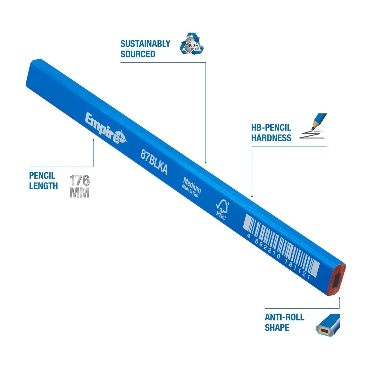 Empire Carpenters Pencil 10 Pack - Blue, Flat Shape, Medium Graphite, Waterproof