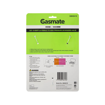 Gasmate 1000mm Hose 3/8" BSPP LH to High Pressure Schrader Valve for Camping Stoves