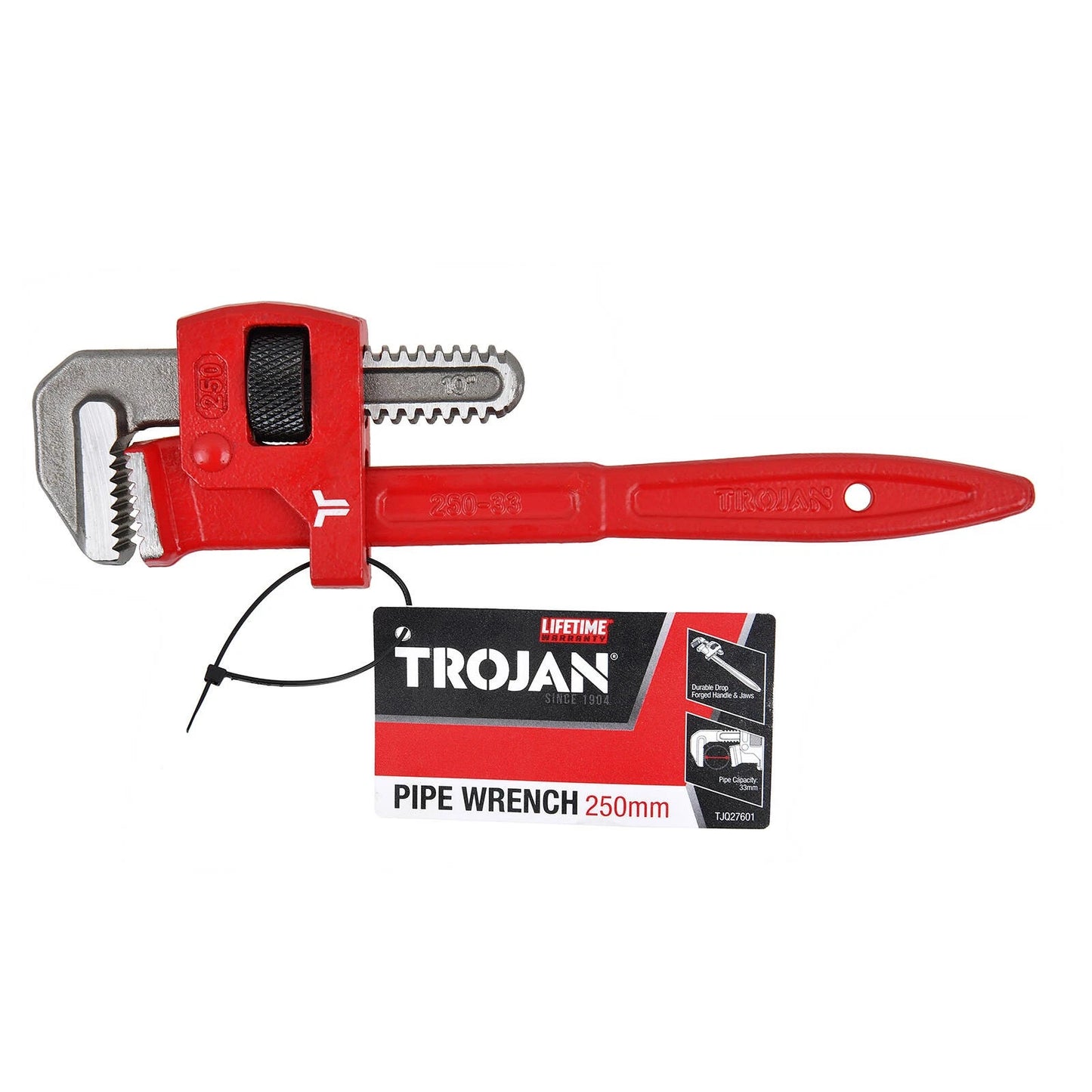 Trojan 250mm Pipe Wrench, Drop Forged Jaws, 33mm Capacity, Lifetime Warranty