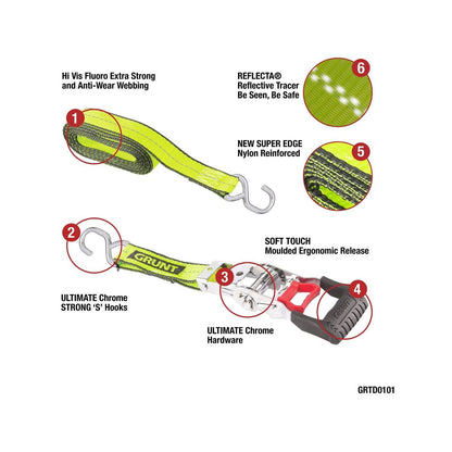 Grunt Pro 25mm x 4m Reflecta Webbing Ratchet Tie Down - 2 Pack, Chrome Finish