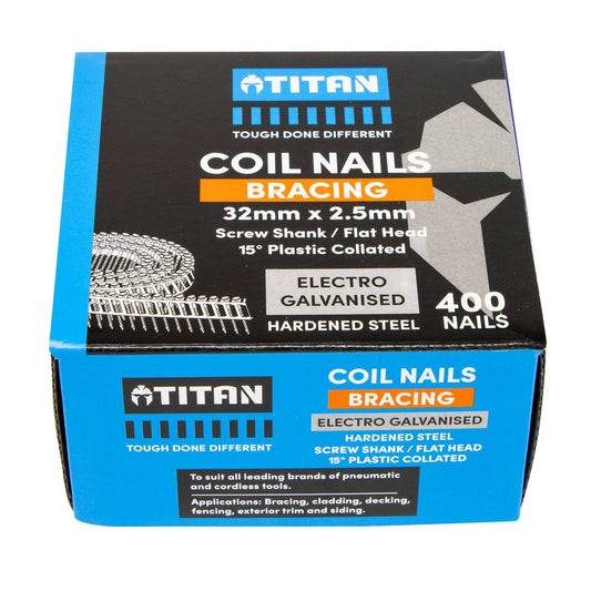 Titan 32x2.5mm Electro Galvanised Coil Nails 400 Pack - Corrosion Resistant, Diamond Point