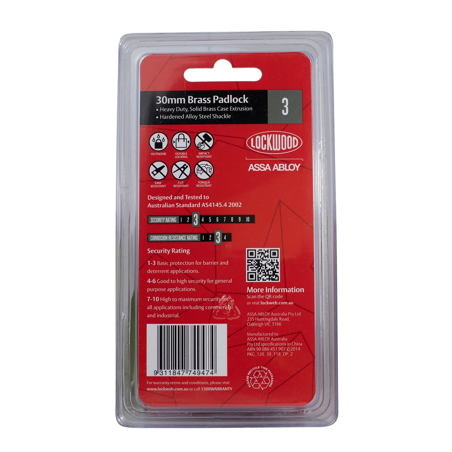 Lockwood 30mm Brass Padlock, Heavy Duty, Corrosion Resistant, Double Locking