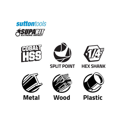 Sutton Tools 4.5mm Cobalt HSS Impact Drill Bit, 135° Split Point, 1/4” Hex Shank