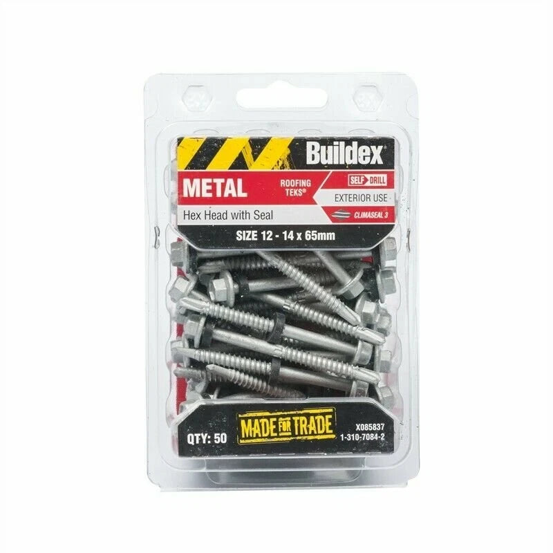 Buildex 12-14 x 65mm Hex Head Metal Tek Screws with Seal, Galvanised, Pack of 50