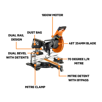 AEG 1800W Dual Bevel Slide Compound Mitre Saw with 70° Mitre Capacity & LED Light