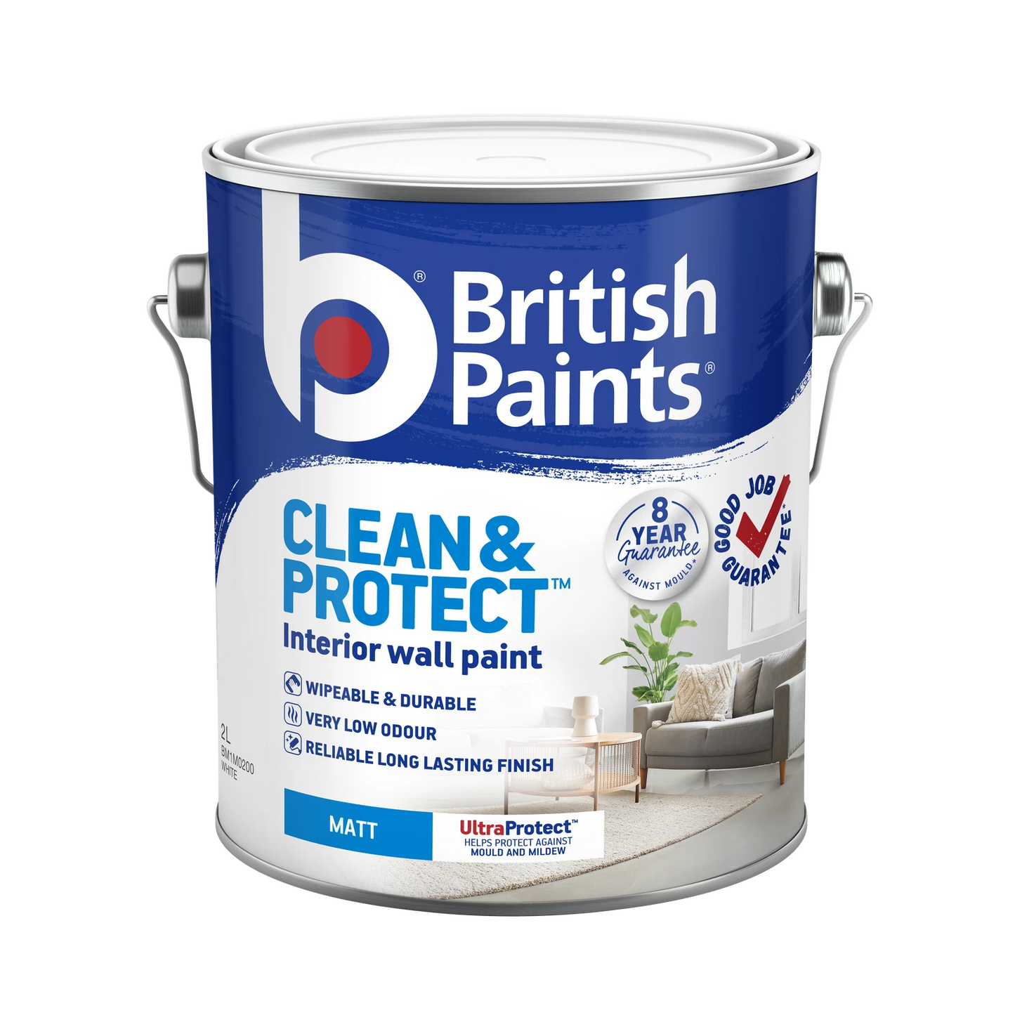 British Paints White Matt Interior Paint 2L - Low Odour, Wipeable, 8 Year Mould Guarantee