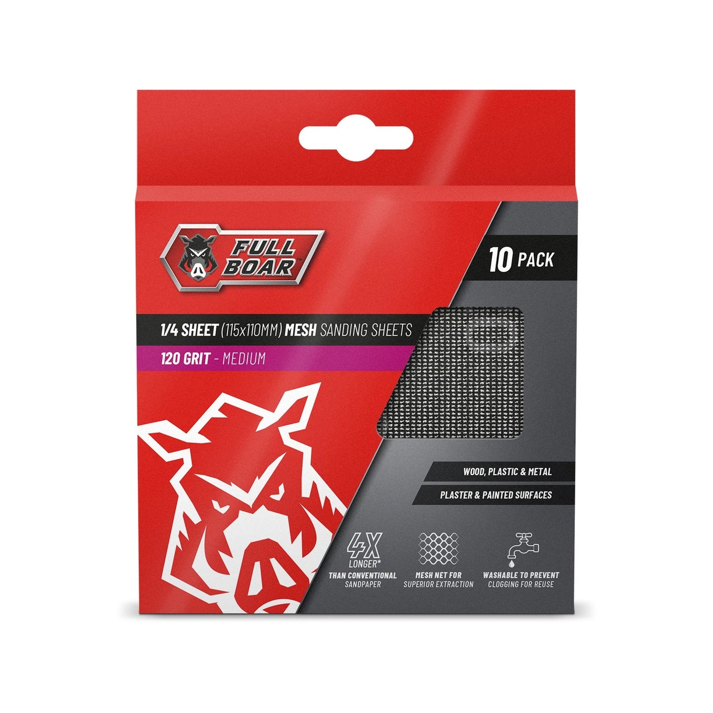 Full Boar 120g Mesh Sanding Sheets 10 Pcs - Dust Extraction, Reusable, Universal Fit