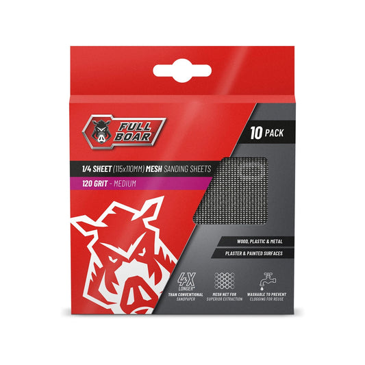Full Boar 120g Mesh Sanding Sheets 10 Pcs - Dust Extraction, Reusable, Universal Fit