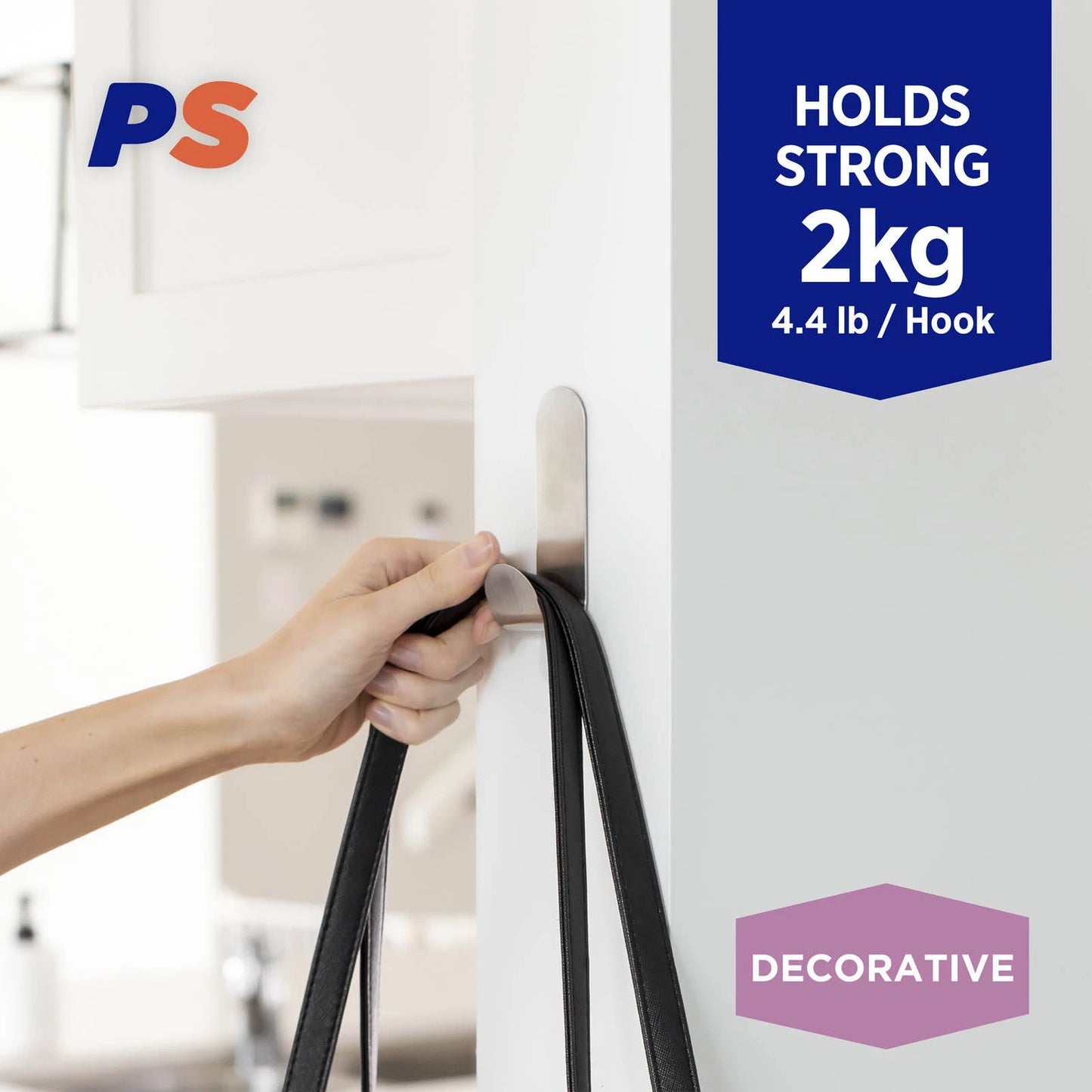 Permastik Large Steel Metal Hook, Stainless Steel, 2kg Support, Self-Adhesive, Easy Install