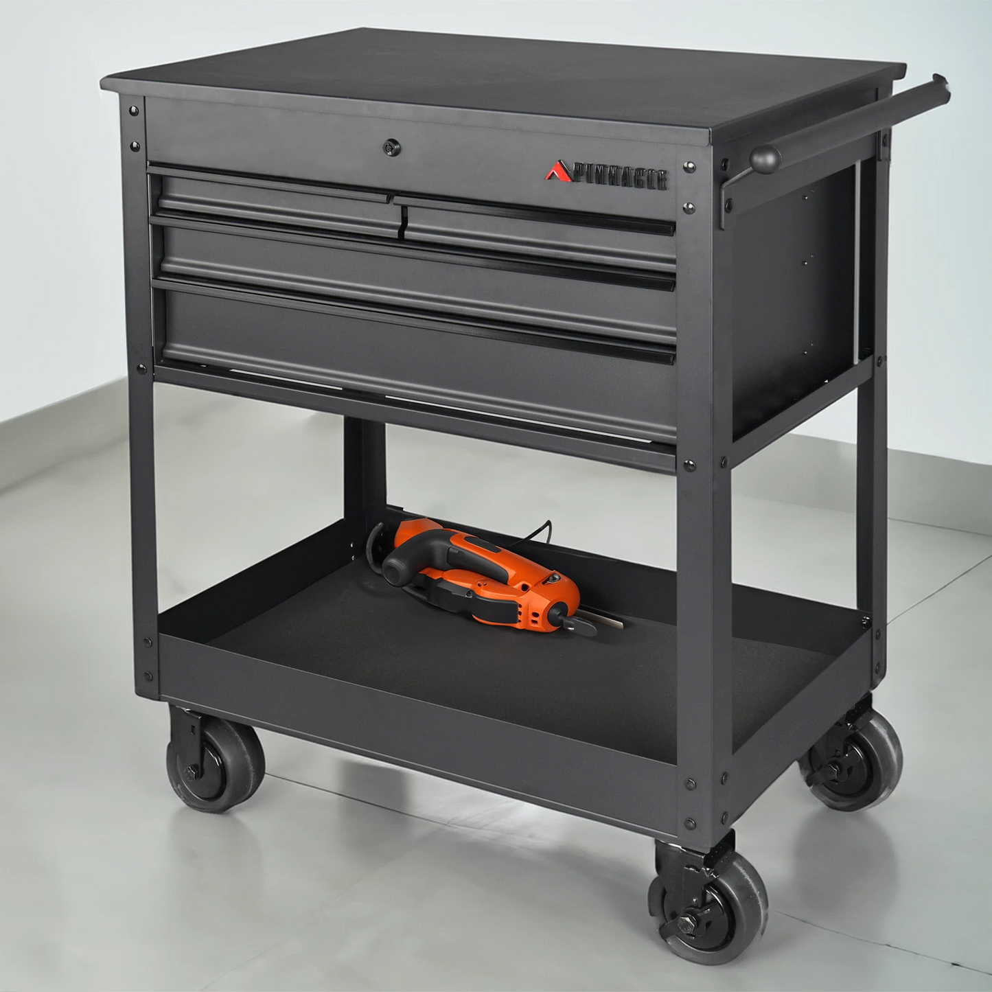 Pinnacle 79cm Black Matte Service Cart with Soft Close Drawers & Heavy Duty Castors