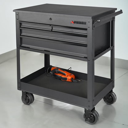 Pinnacle 79cm Black Matte Service Cart with Soft Close Drawers & Heavy Duty Castors