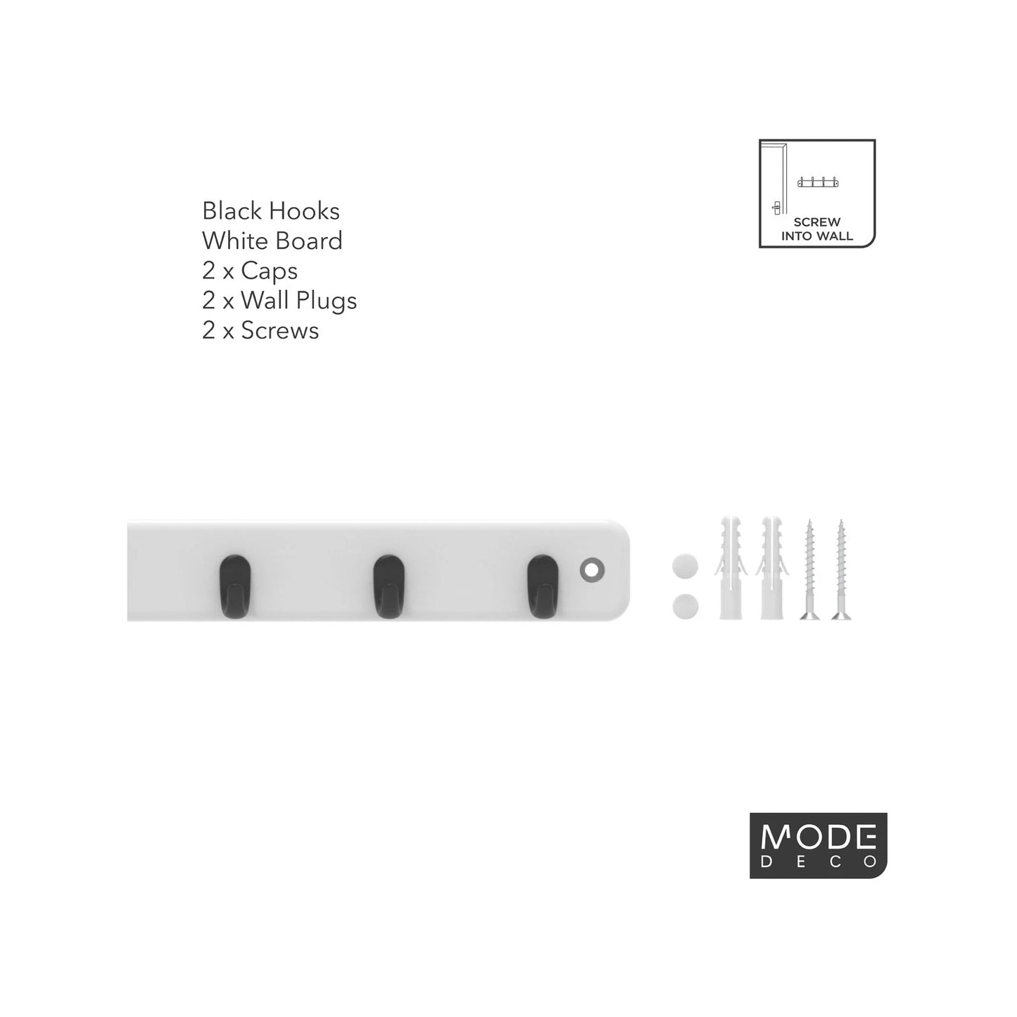 MODE 7 Key Rack with Black Hooks on White Board, Decorative & Durable Design