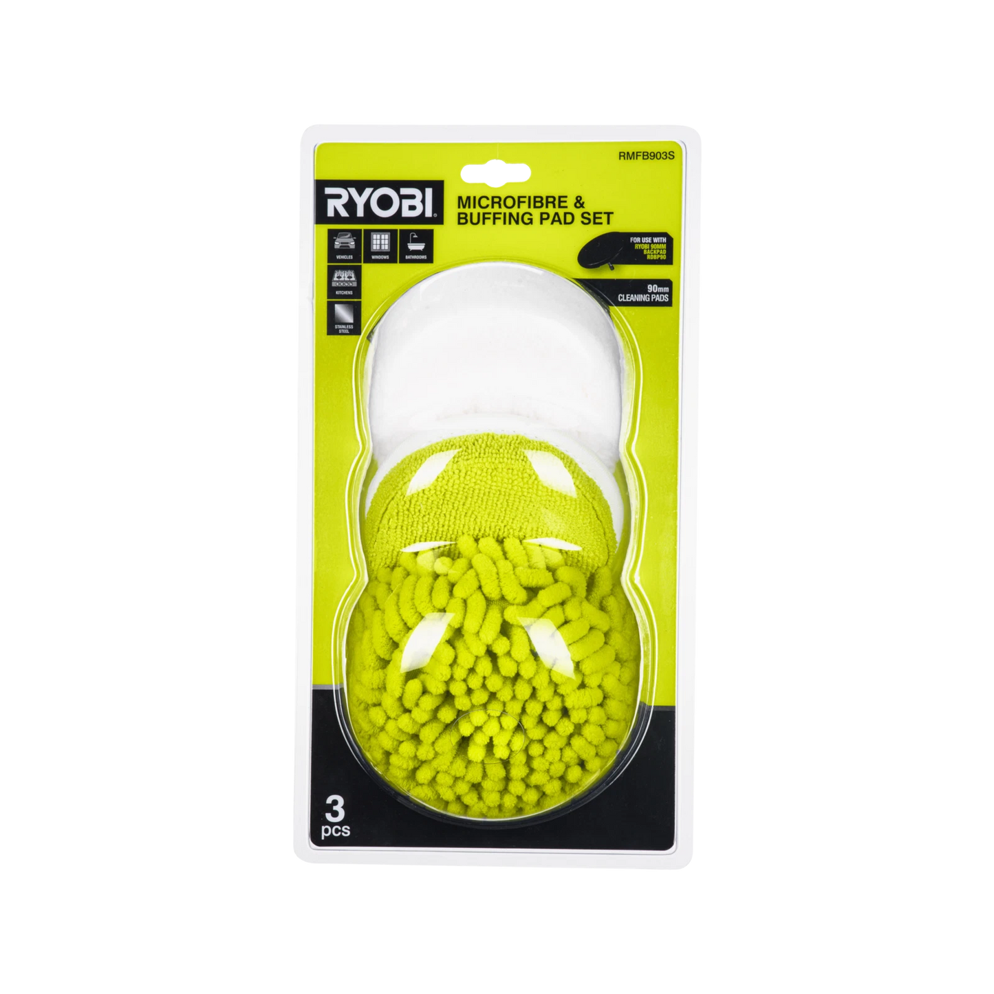 Ryobi 90mm Microfibre & Buffing Pad Set - Versatile Cleaning & Buffing, Durable Materials