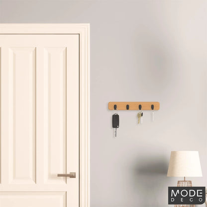 MODE 4 Bamboo Key Rack with Black Hooks - Durable, Easy Install, Stylish Design