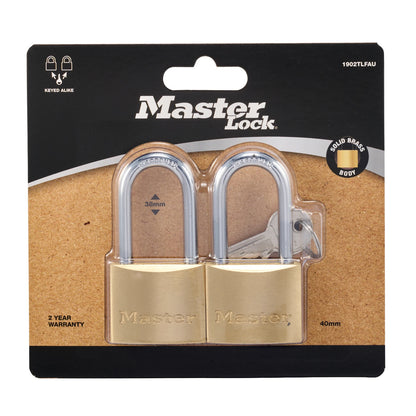 Master Lock 40mm Long Shackle Padlock 2 Pack, Brass Body, Hardened Steel Shackle