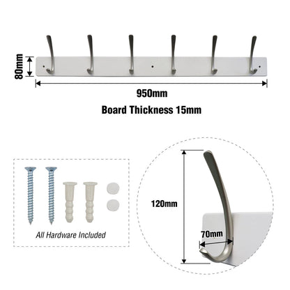 Adoored White MDF Hook Board with 6 Satin Chrome J Hooks